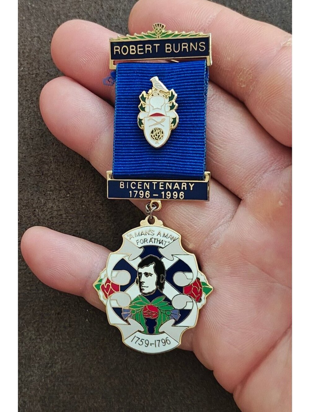 1996 Robert Burns Bicentenary Commemorative Medal Ribbon Badge Pin